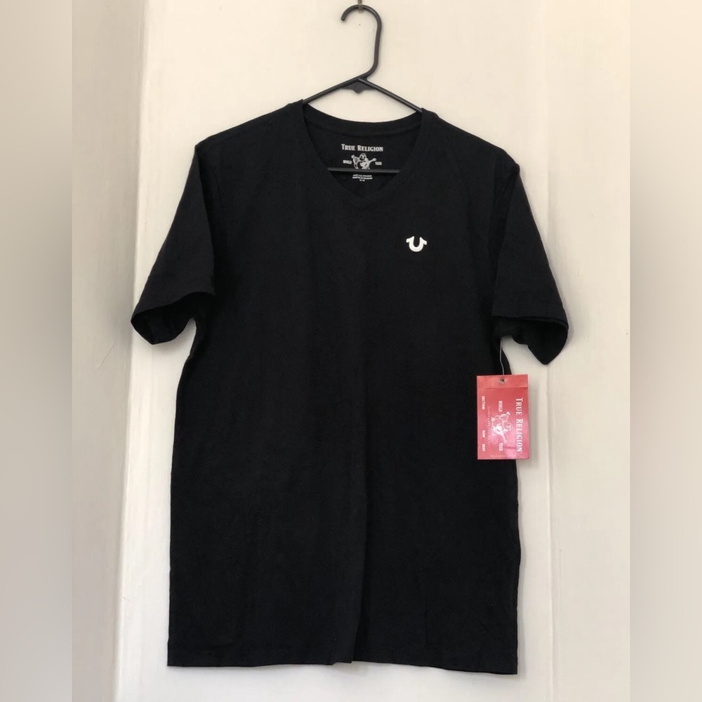 New Authentic TRUE RELIGION Mens Black Horseshoe Logo V Neck Medium T-Shirt